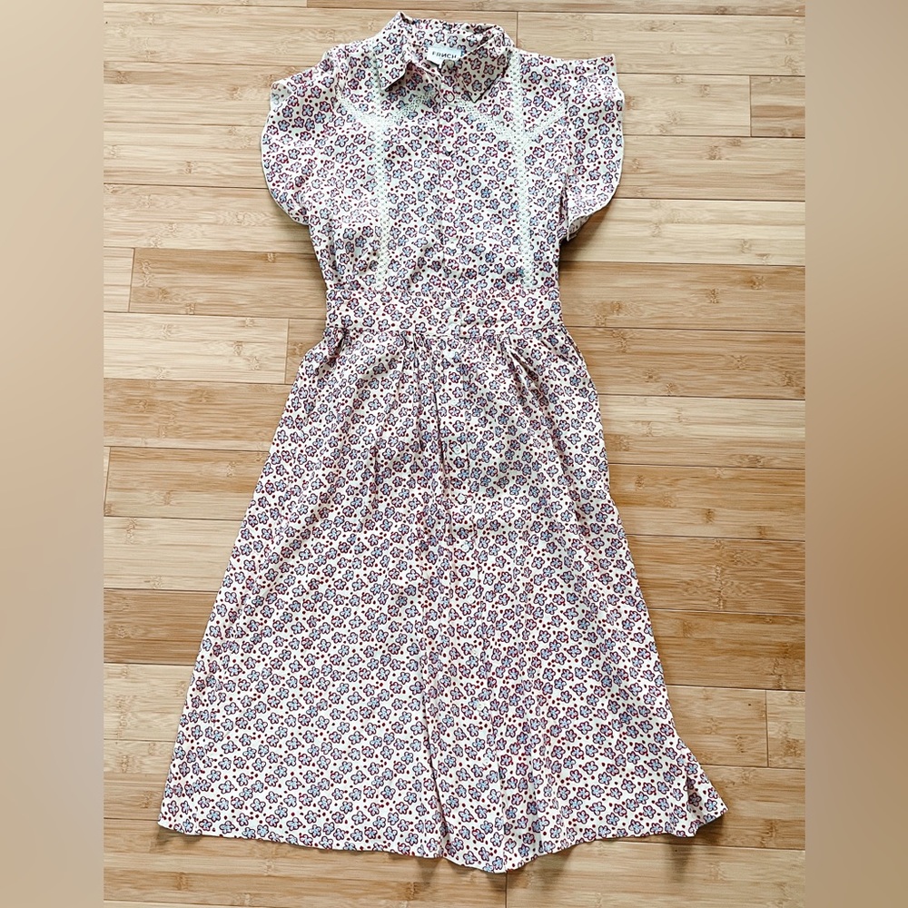 FRNCH Matching Light Blue & Red Floral Blouse and Skirt Set NWOT